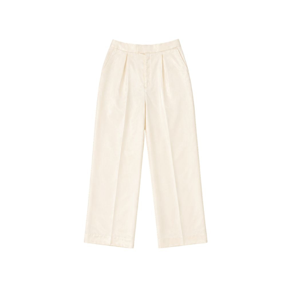 Cream Pleated Silk Satin Trousers