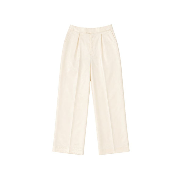 Cream Pleated Silk Satin Trousers