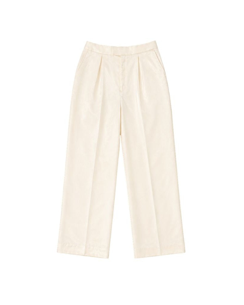Cream Pleated Silk Satin Trousers