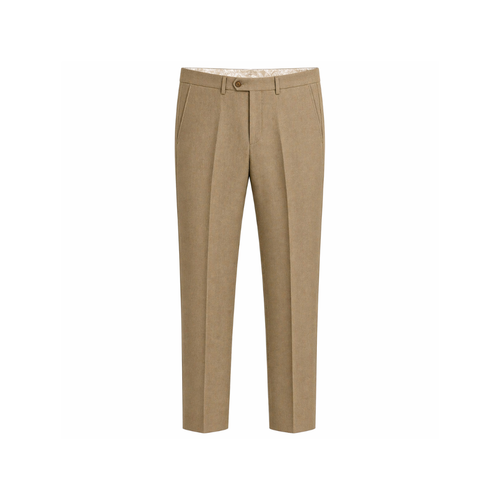 Beige Wool Summer Wedding Trousers crafted in lightweight wool fabric, featuring a tailored straight-leg cut with front pleats, belt loops, and slanted side pockets for refined summer formalwear.