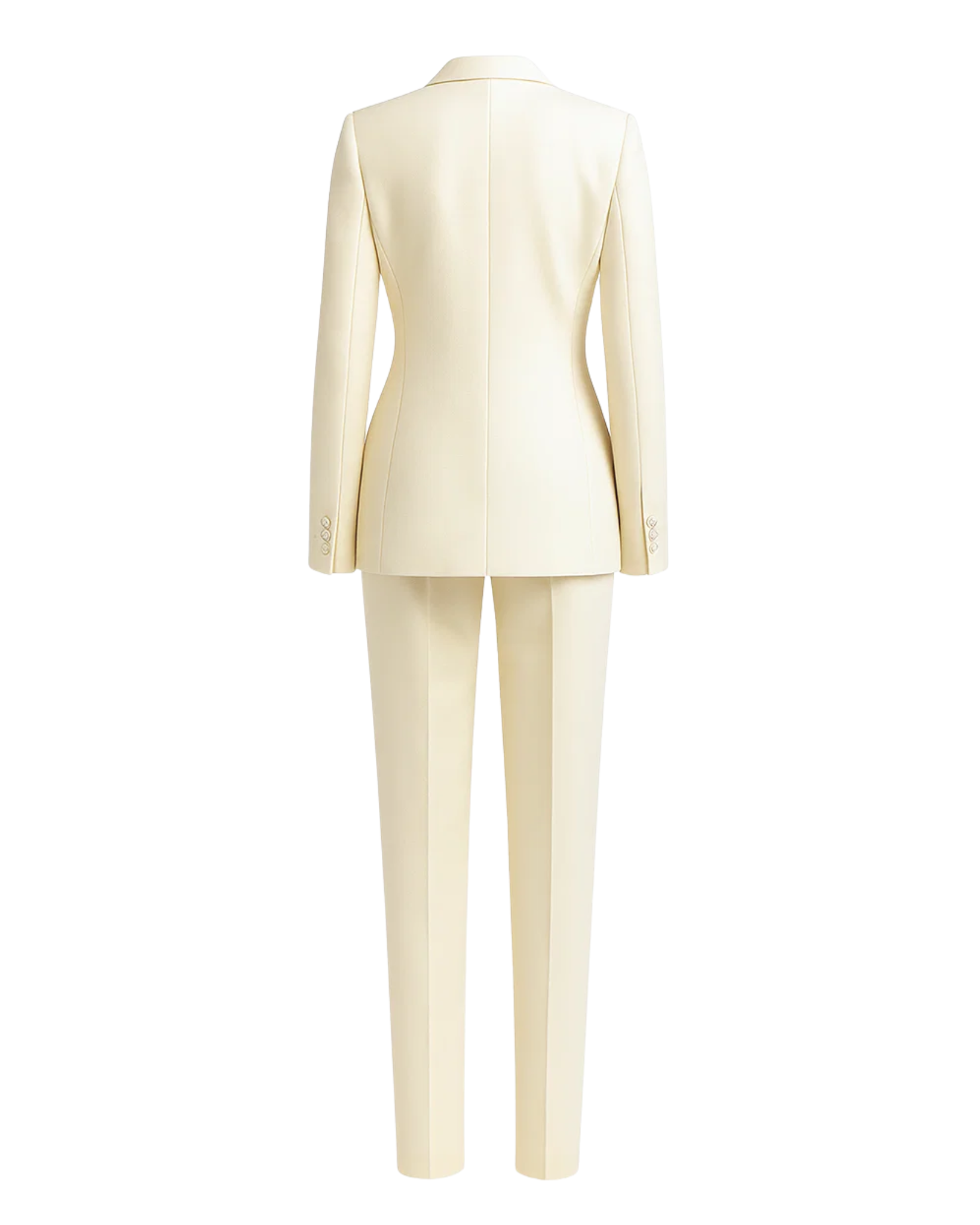 SAMPLE SALE | Cream Fitted Wedding Satin Suit displayed from the back, featuring a sleek tailored blazer with structured seams and slim satin trousers for a polished bridal look.