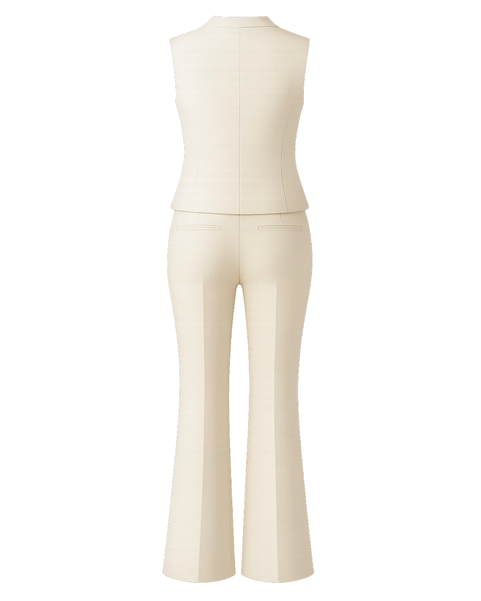 Women's Cream Vest Flare Pants Two Piece Suit Set shown from the back, featuring a fitted sleeveless vest and high-waisted flare trousers crafted in a smooth, elegant cream fabric for a sleek silhouette.