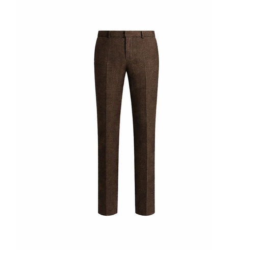 Loro Piana Chocolate Brown Wool Silk Trousers displayed with a slim tailored cut, featuring a smooth blend of luxurious wool and silk fabric for refined formalwear.