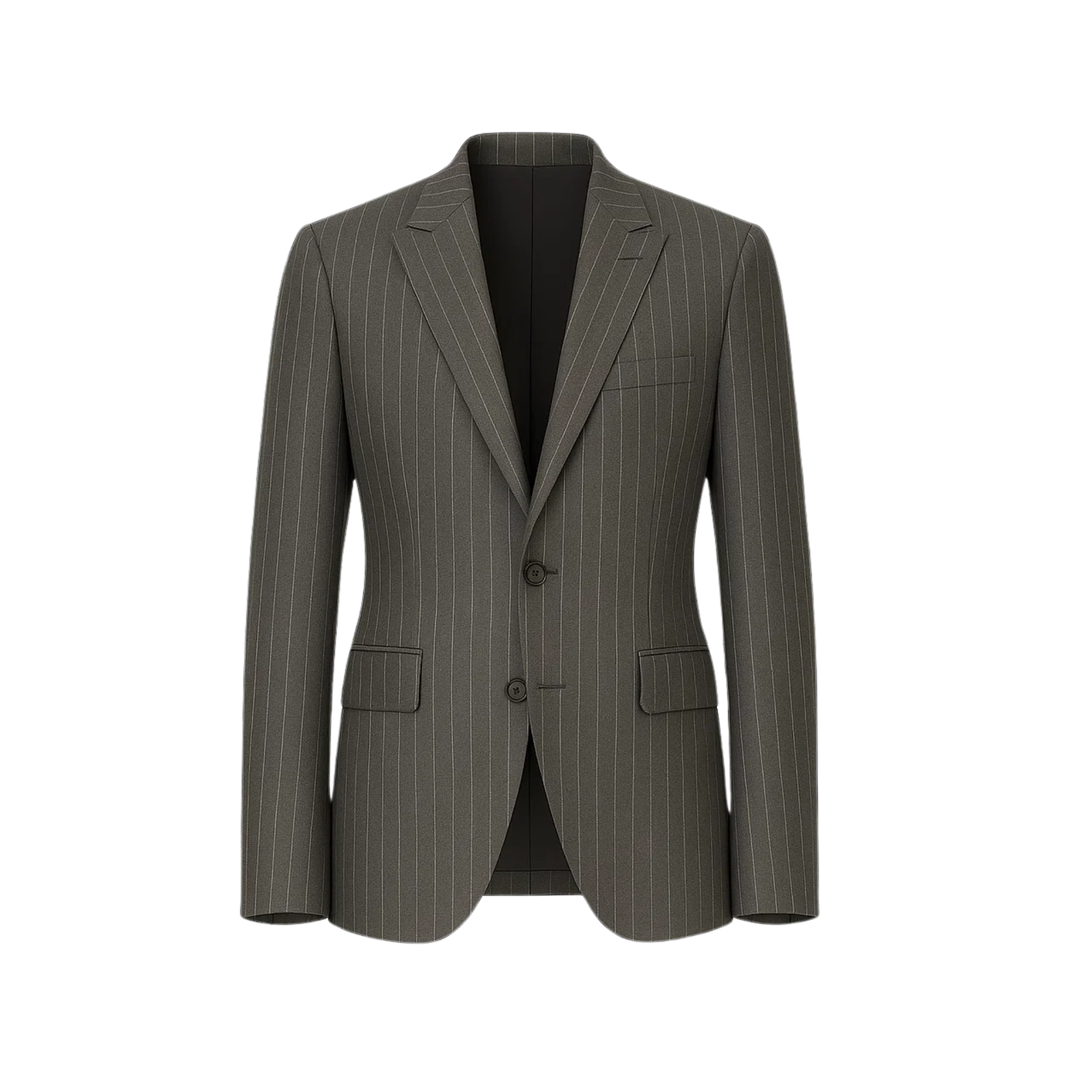 Men's Gray Pinstripe Classic Blazer Jacket featuring a tailored two-button front, notch lapels, flap pockets, and a slim fit crafted from fine gray pinstripe fabric for timeless menswear.