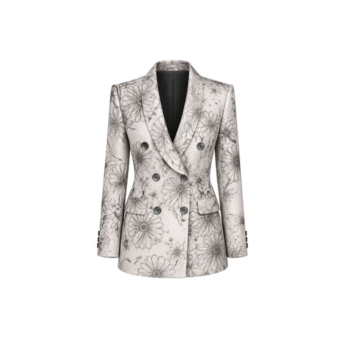 Brunello Cucinelli White Floral Graphic Jacket featuring a double-breasted silhouette with detailed monochrome floral motifs on a crisp white fabric, tailored for a structured fit.