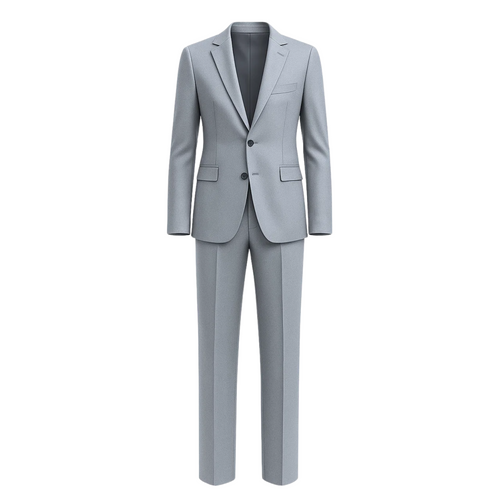 Men's Loro Piana Gray Slim Suit showcasing a modern two-button blazer with notch lapels, flap pockets, and matching slim-fit trousers in a refined gray fabric for elegant menswear.