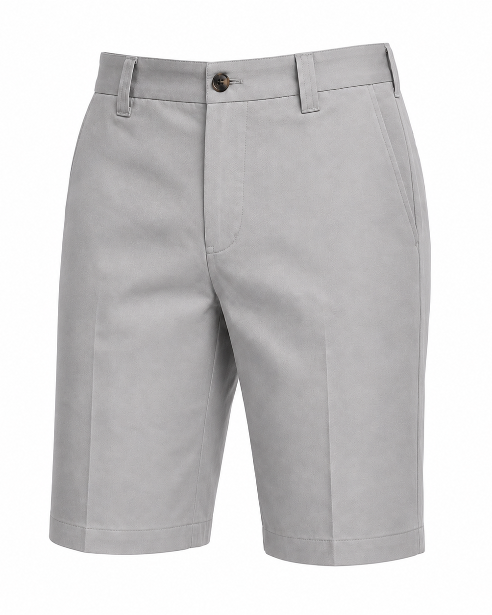 Men’s Loro Piana Tailored Bermuda Shorts in a soft light gray, featuring a flat front, side pockets, belt loops, and button closure for polished summer leisurewear.