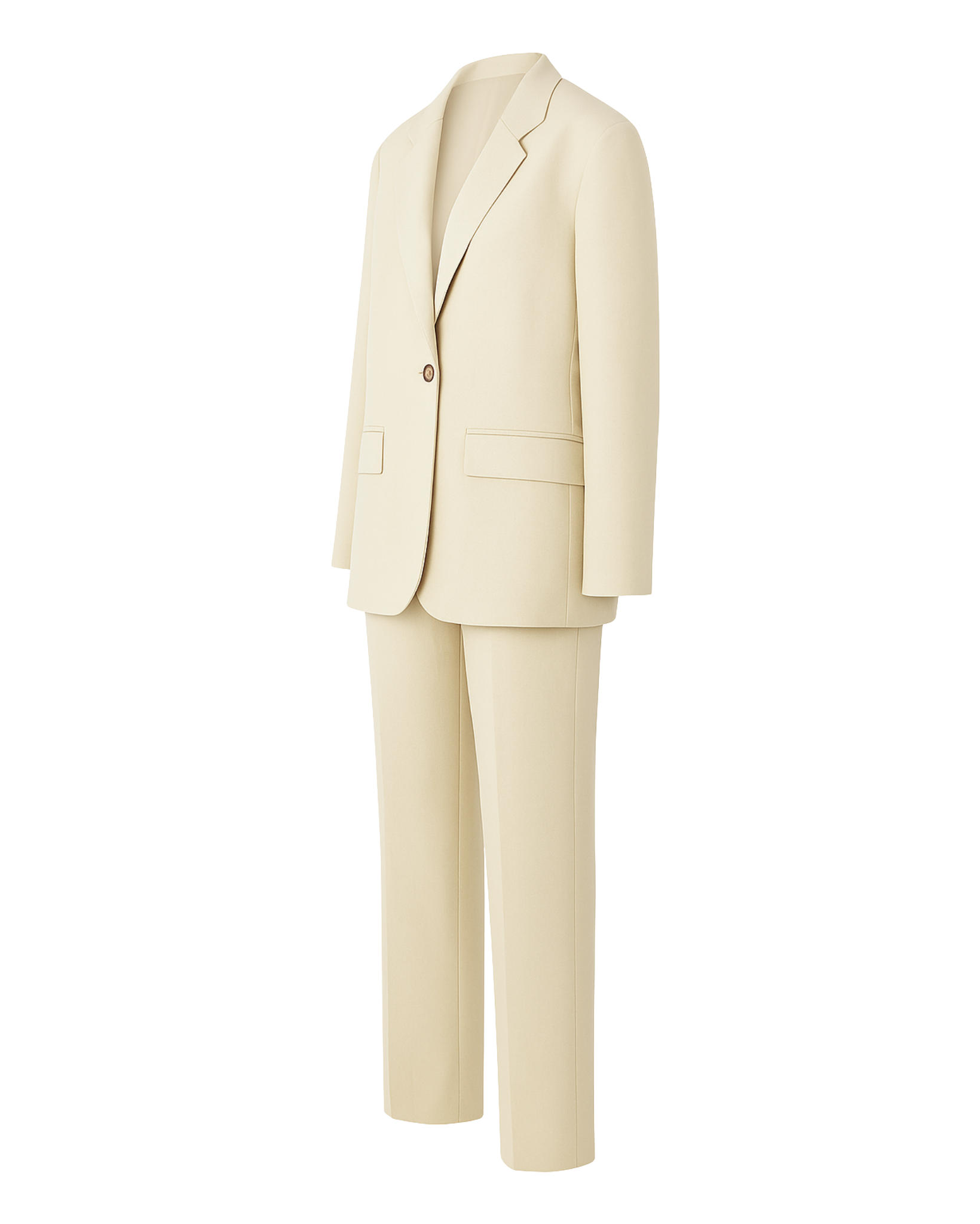 PRE-LOVED | Women's Cream Oversized Wedding Suit featuring a relaxed tailored blazer with a single-button closure, notch lapels, flap pockets, and straight-leg trousers in a soft cream fabric.