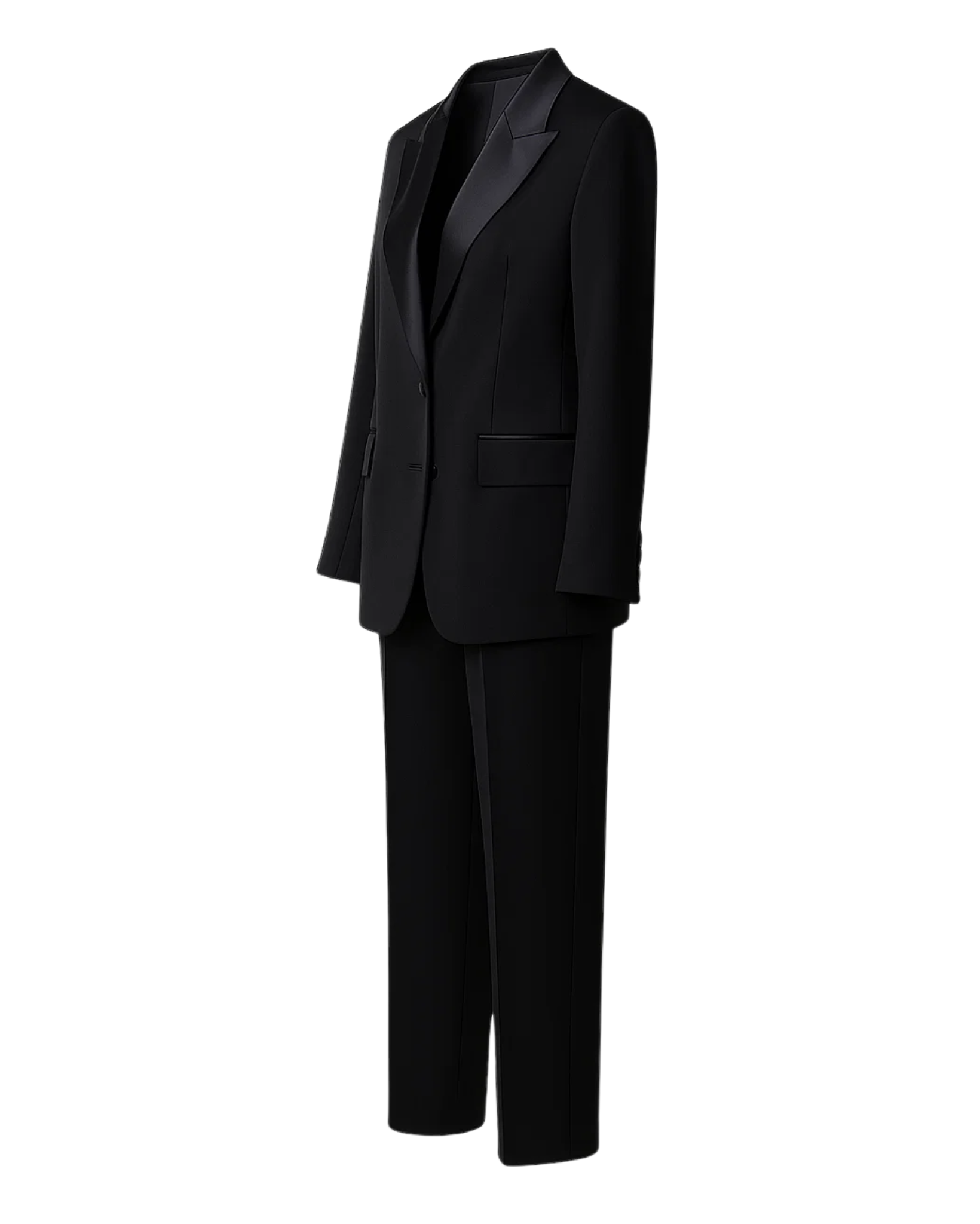 SAMPLE SALE | Women's Black Oversized Wedding Suit featuring a relaxed blazer with satin notch lapels, structured shoulders, flap pockets, and straight-leg tailored trousers for sophisticated bridal suiting.