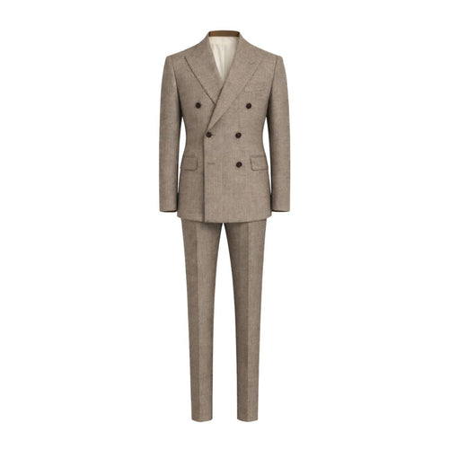 Loro Piana Beige Textured Wool Double-Breasted Suit featuring a tailored silhouette with structured shoulders, peak lapels, and a refined textured wool fabric for sophisticated mens suiting.