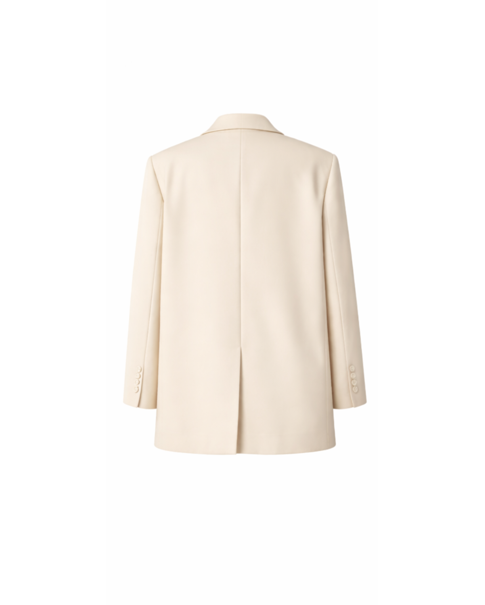 Women's Wearhouse | Women's Oversized Cream Suit Jacket shown from the back, featuring a smooth cream fabric, long sleeves with button cuffs, and a clean, tailored vented silhouette.