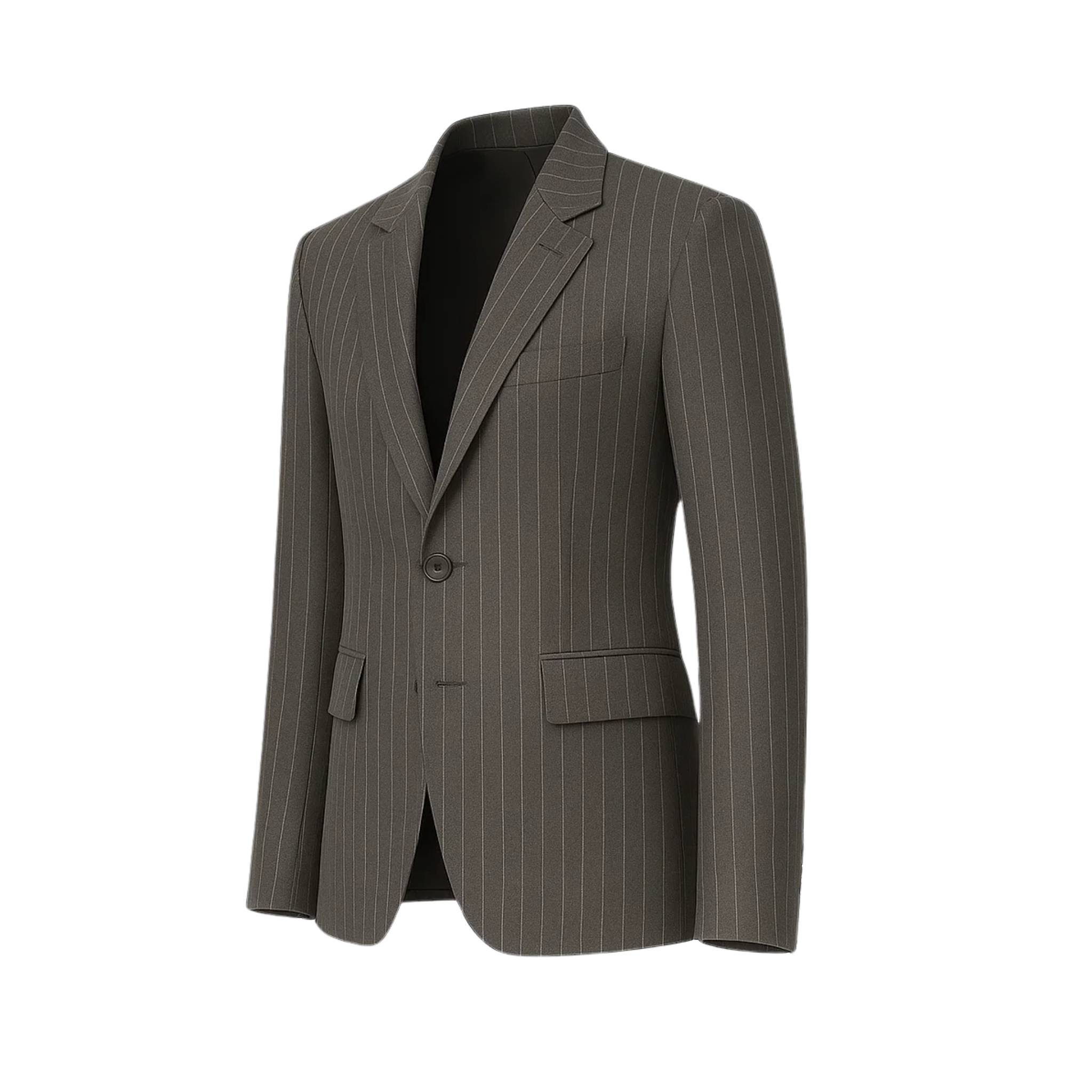 Men's Gray Pinstripe Classic Blazer Jacket with a single-button closure, notch lapels, flap pockets, and a tailored silhouette in a refined gray pinstripe fabric for sophisticated menswear.
