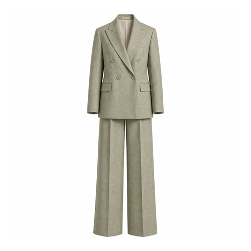 Sage Green Wool and Linen Blend Summer Wedding Two Piece Suit featuring a double-breasted blazer with peak lapels and wide-leg trousers crafted for elegant summer formalwear.