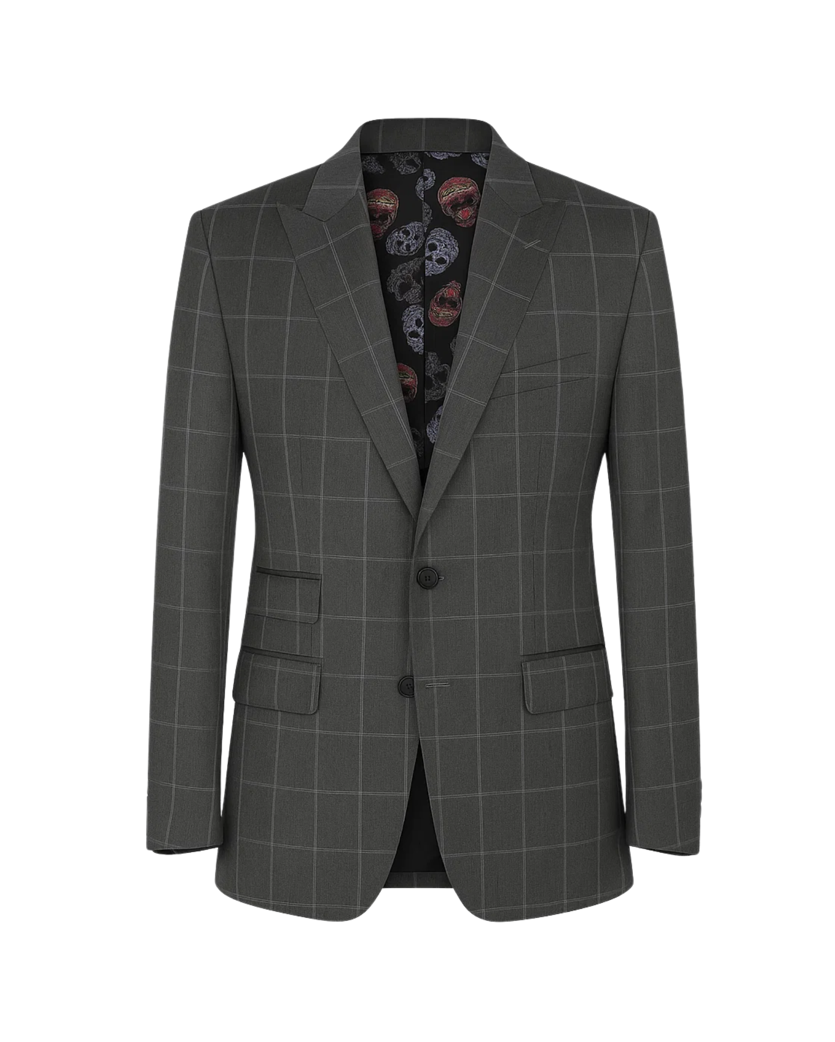 Grey & Blue Plaid Two-Button Tailored Jacket with Skull Lining in a sophisticated grey and blue windowpane pattern, featuring a slim fit silhouette and a bold skull-printed inner lining.