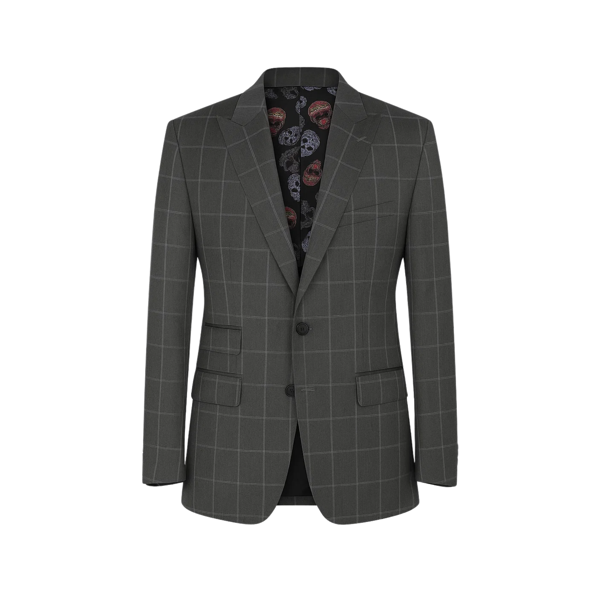 Grey & Blue Plaid Two-Button Tailored Jacket with Skull Lining