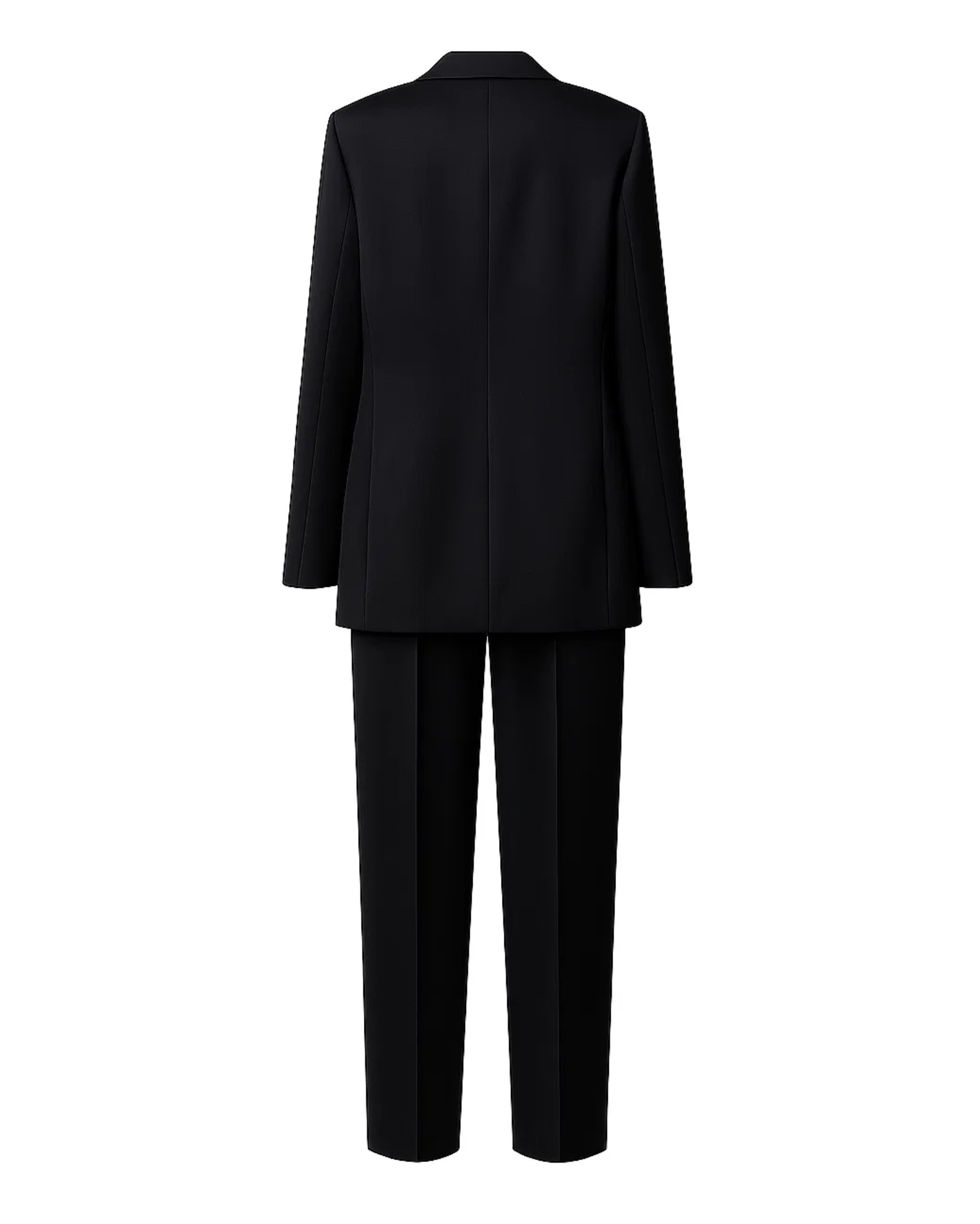 SAMPLE SALE | Women's Black Oversized Wedding Suit shown from the back, featuring a relaxed blazer with clean tailoring and straight-leg trousers for modern androgynous suiting.