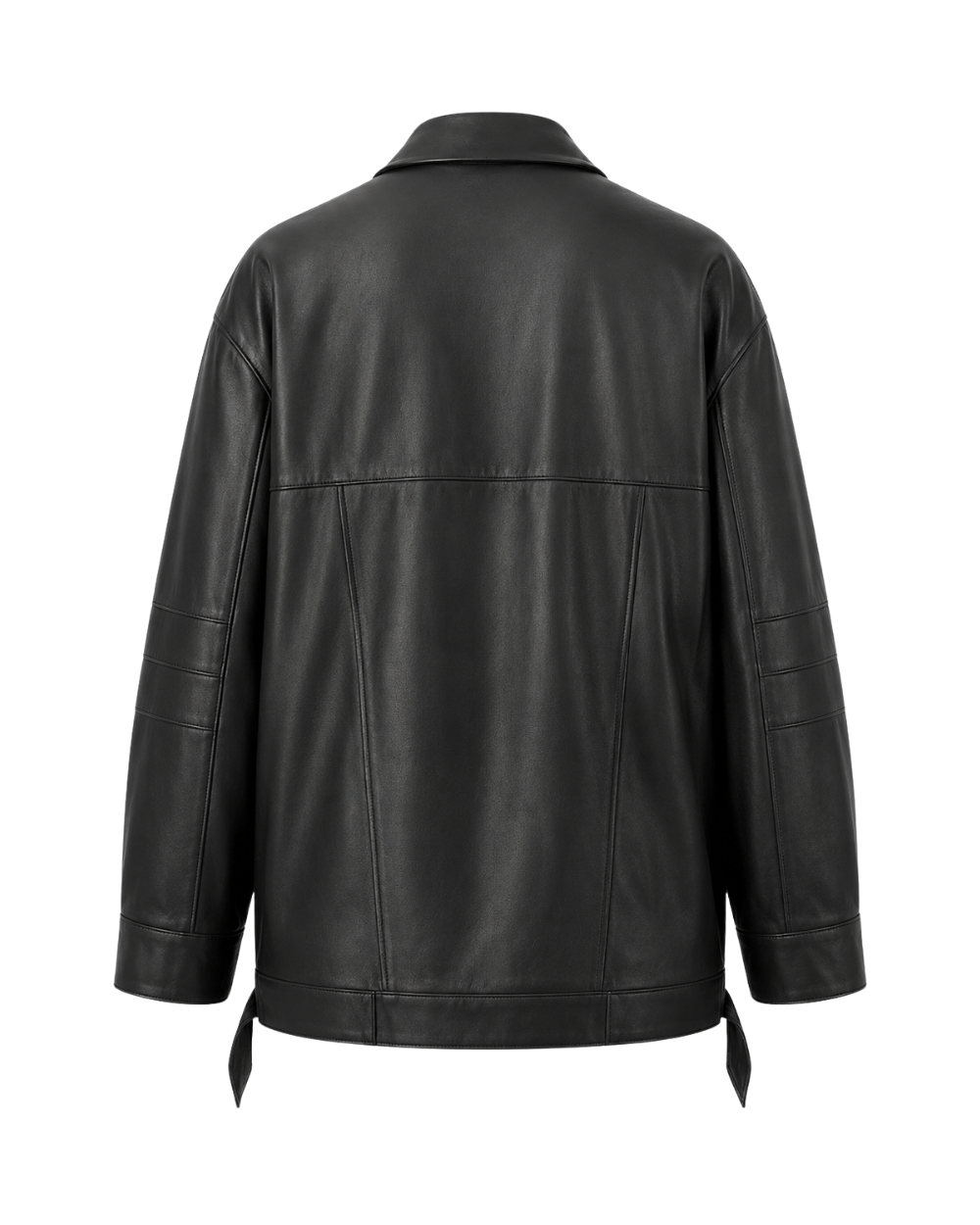 A black leather jacket shown from the back, featuring a collar, long sleeves, and a smooth leather texture, photographed against a plain white background.