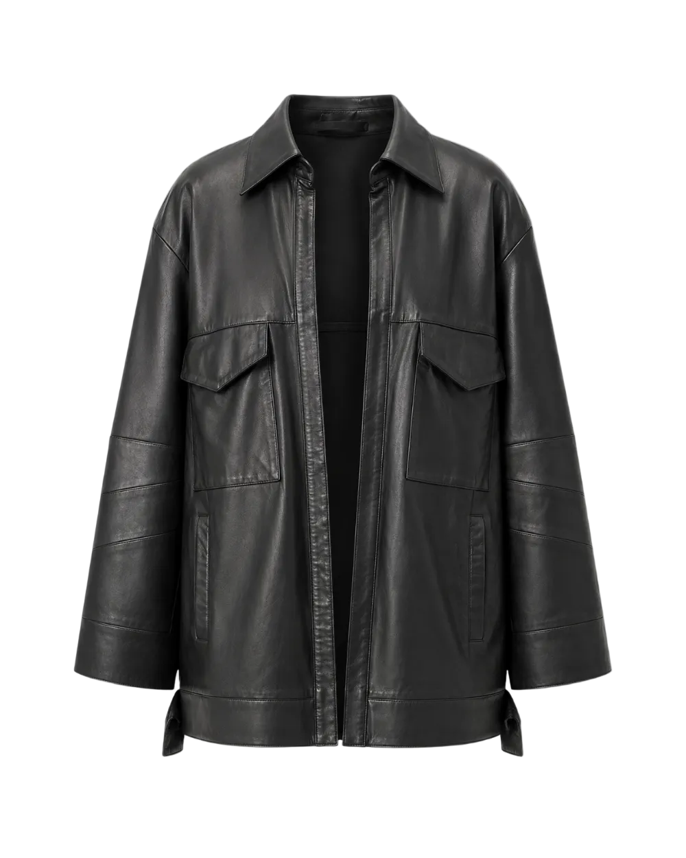 A black leather jacket with a collar, front zipper, and flap chest pockets, shown on a plain light gray background.