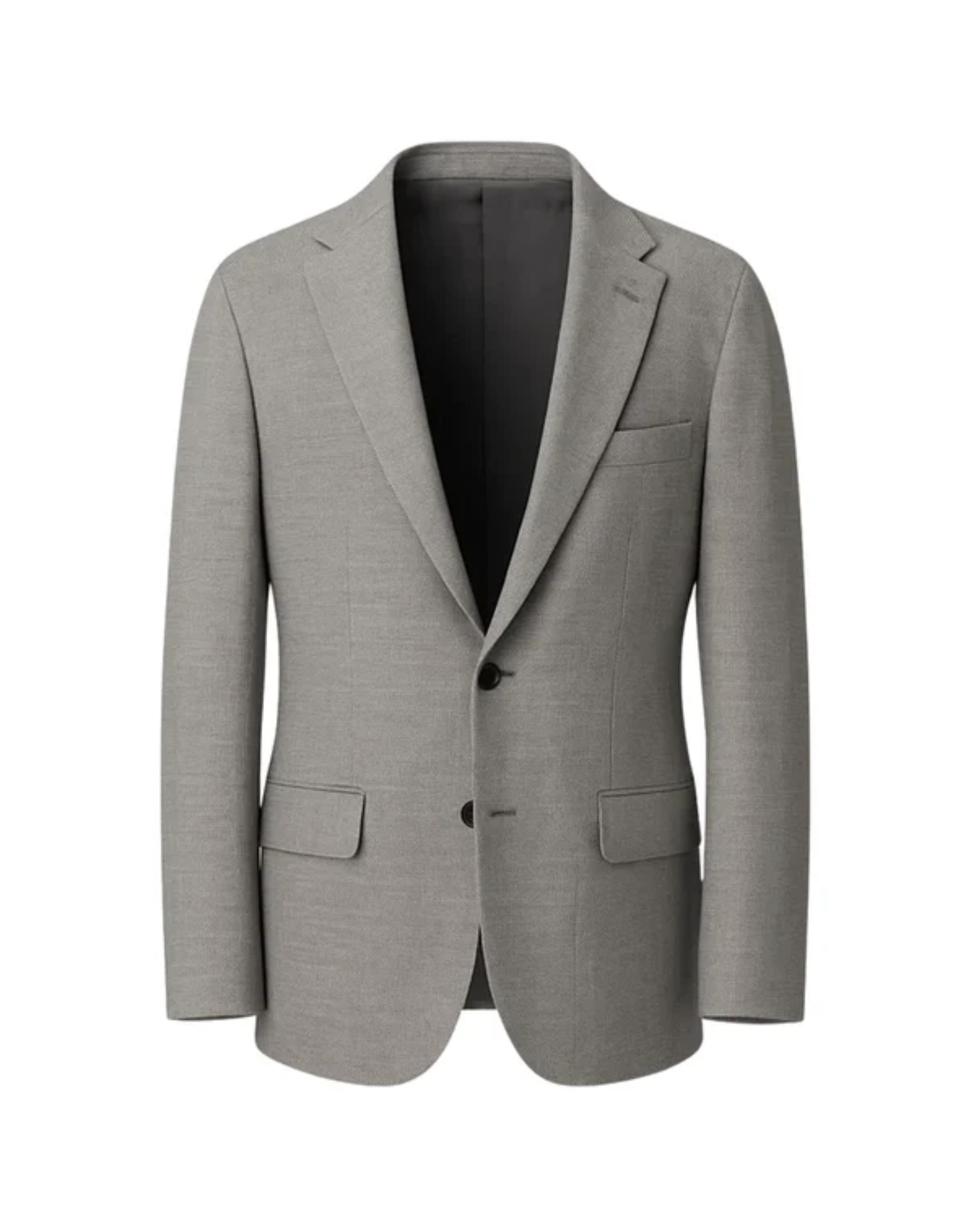 Grey Two-Button Suit Jacket showcasing a clean, tailored silhouette with notch lapels, two front flap pockets, and a smooth finish for refined, versatile mens suiting.