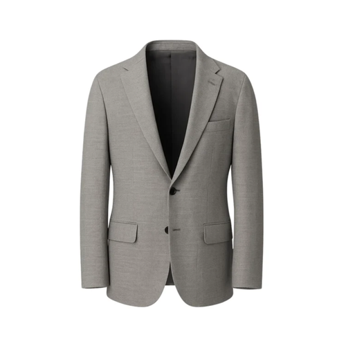 Grey Two-Button Suit Jacket showcasing a clean, tailored silhouette with notch lapels, two front flap pockets, and a smooth finish for refined, versatile mens suiting.
