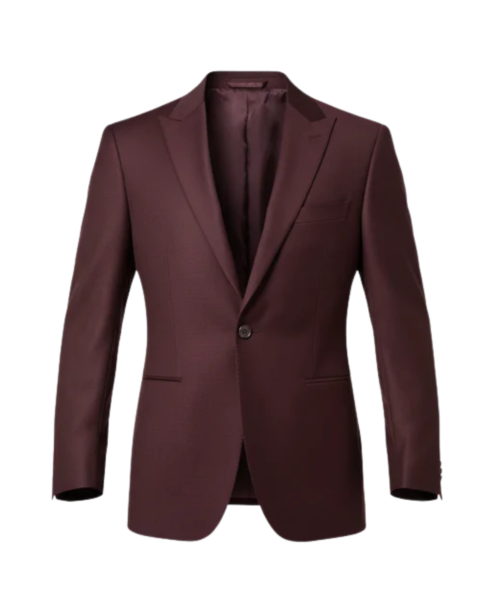 Burgundy Wool Blazer with a single-button closure, notched lapels, and a slim tailored cut accentuating a refined, modern silhouette perfect for formal evening or business wear.