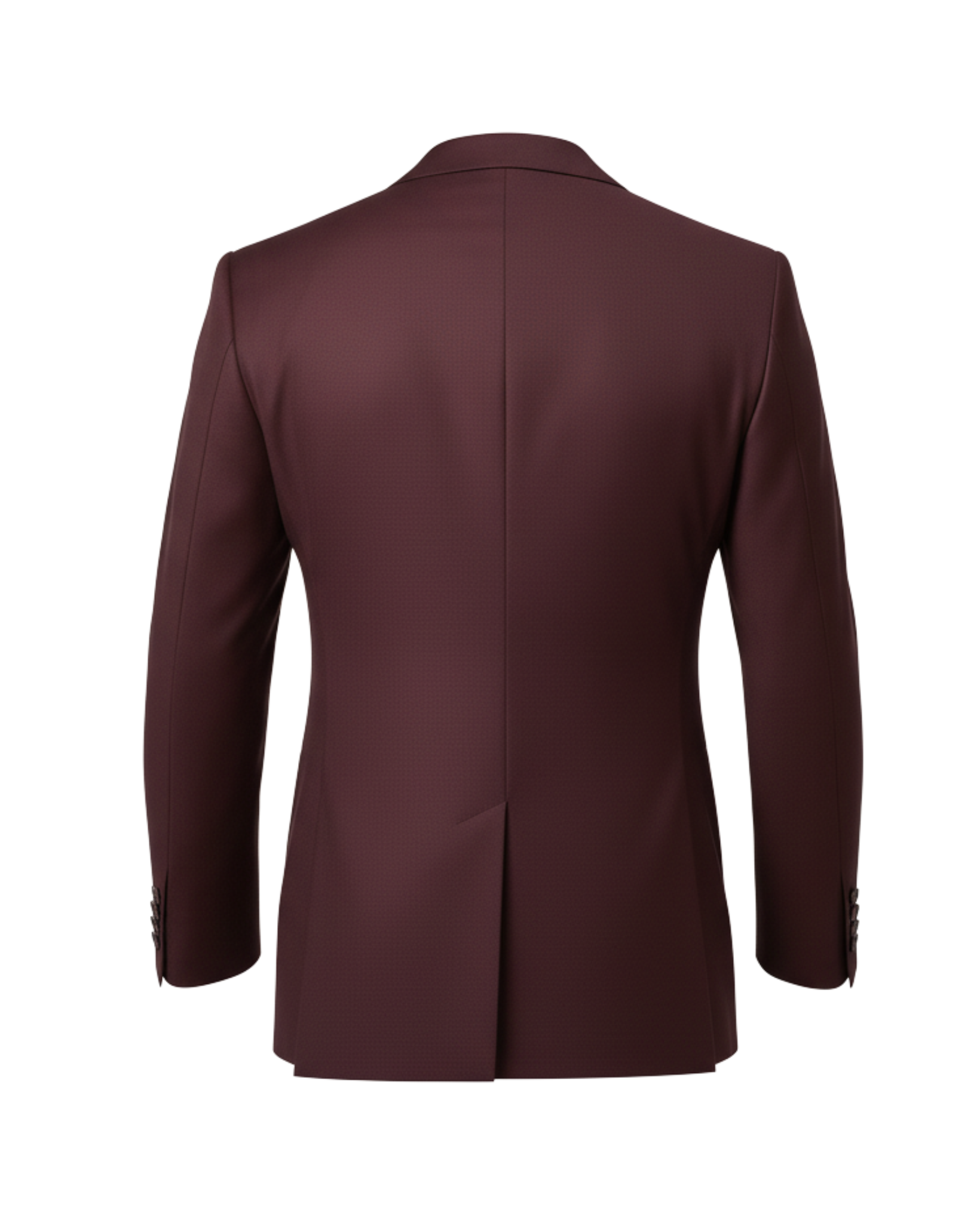 Back view of the Burgundy Wool Blazer featuring a sleek, deep burgundy fabric with a single vent and clean, tailored lines for a modern, polished silhouette.