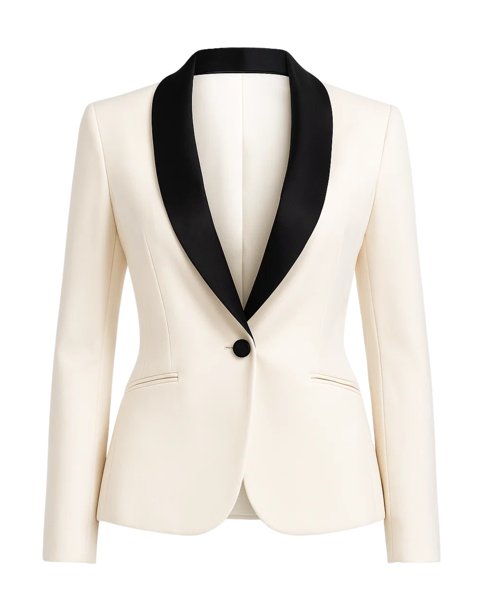 White blazer with black lapels on a white background