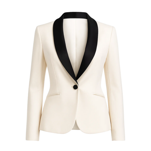 White blazer with black lapels on a white background