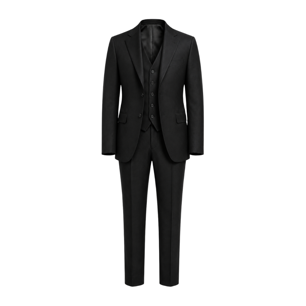 Black Loro Piana three-piece suit front view