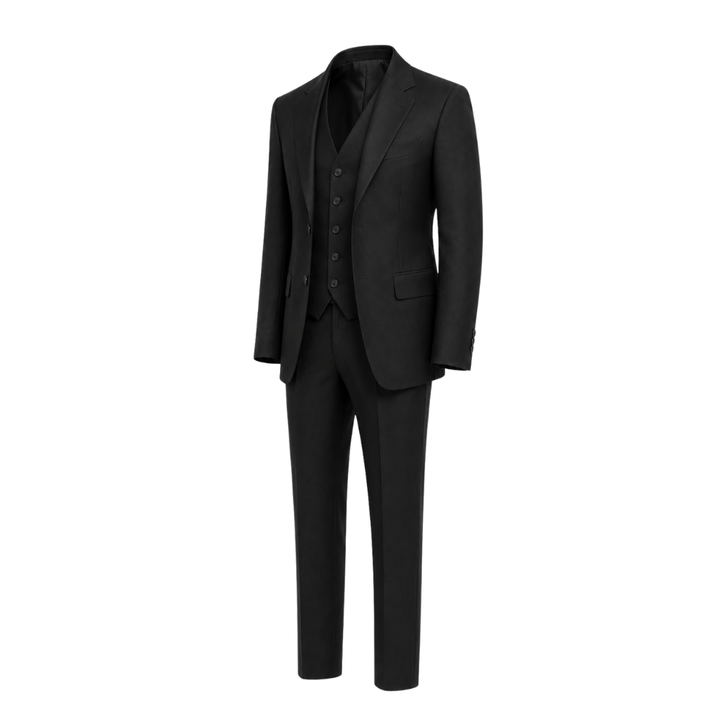 Black Loro Piana three-piece suit side view