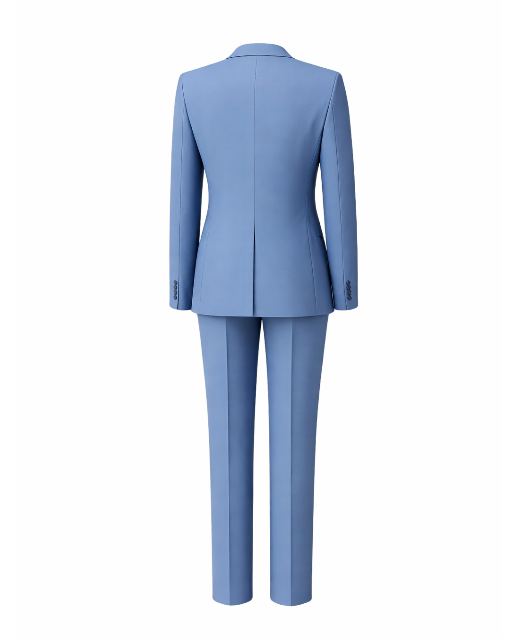 Light blue suit jacket and pants on a white background
