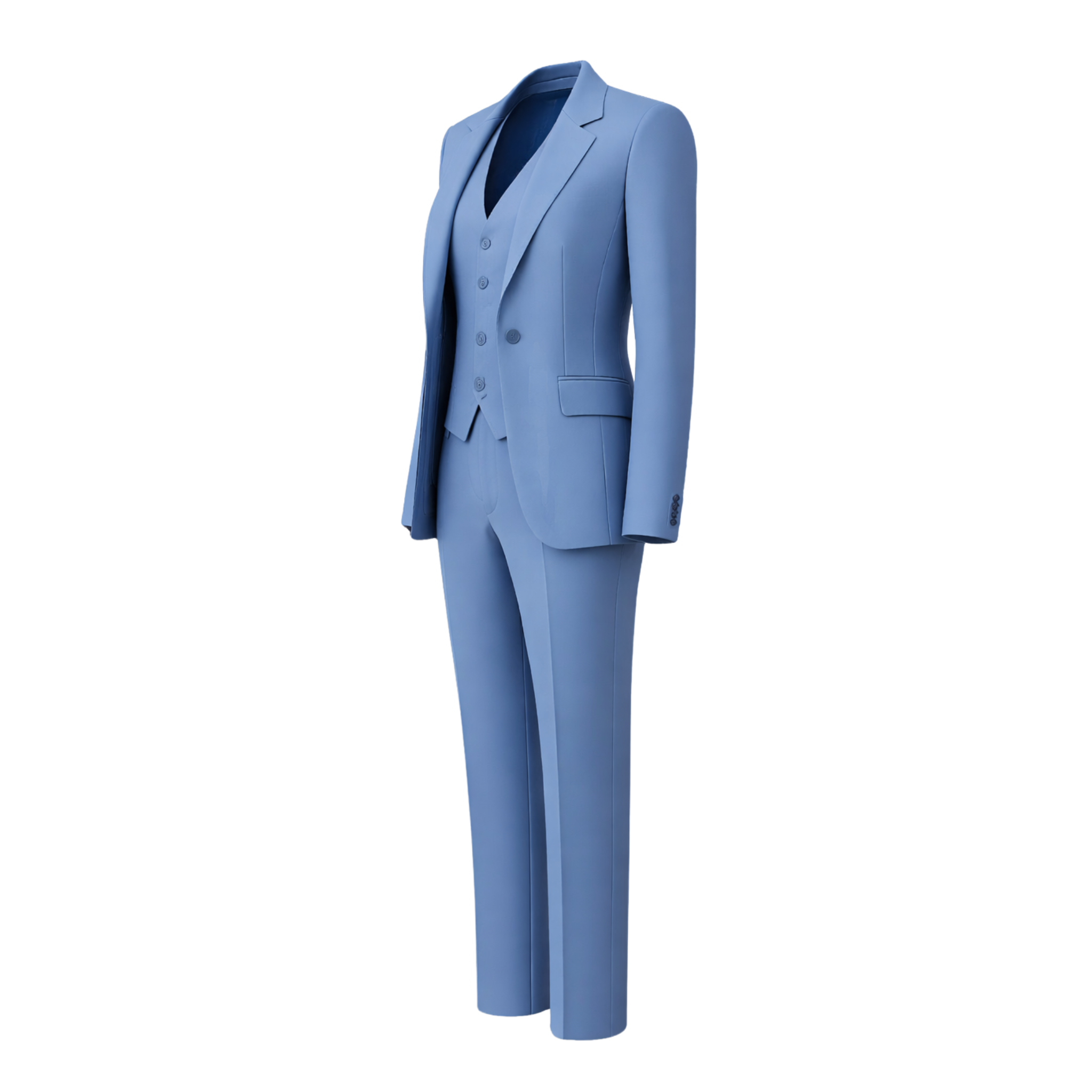 Blue suit jacket and pants on a white background