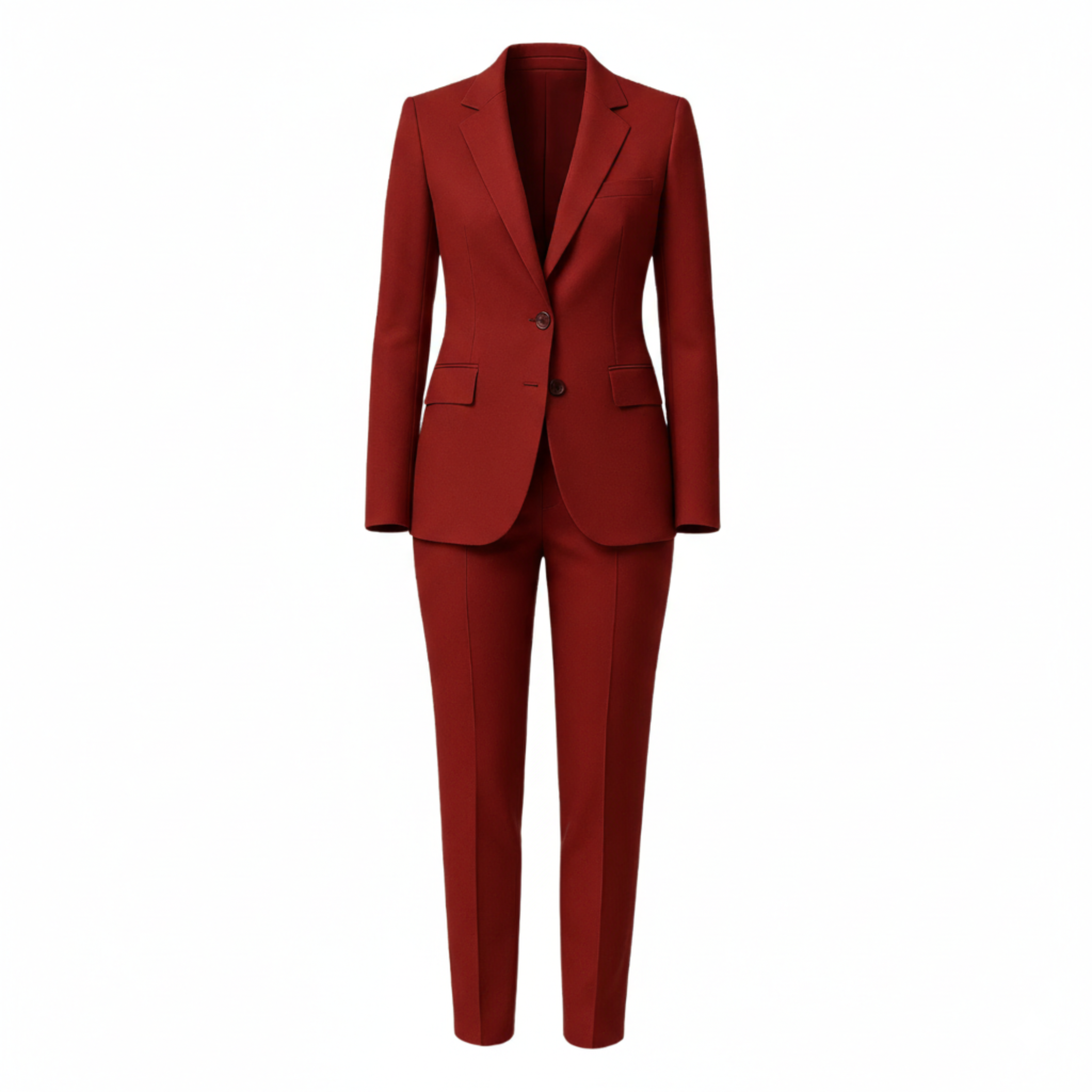 Red suit jacket and pants on a white background