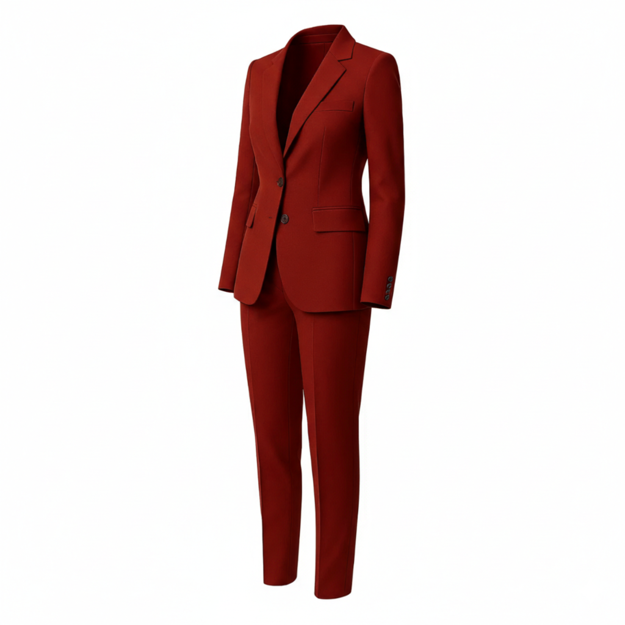 Red suit jacket and pants on a white background
