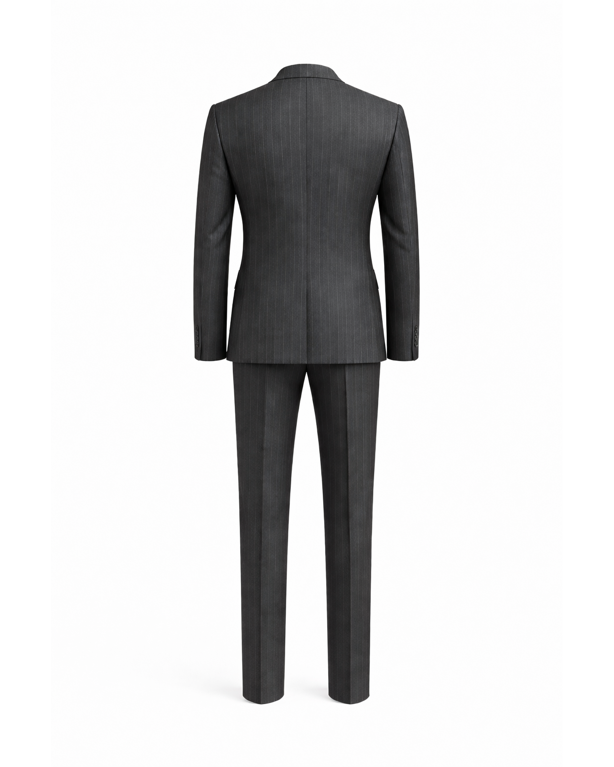 Rear view of Charcoal Pinstripe Men's Two-Piece Classic Cut Suit featuring a tailored jacket and straight-leg trousers in a subtle pinstripe pattern for timeless elegance.