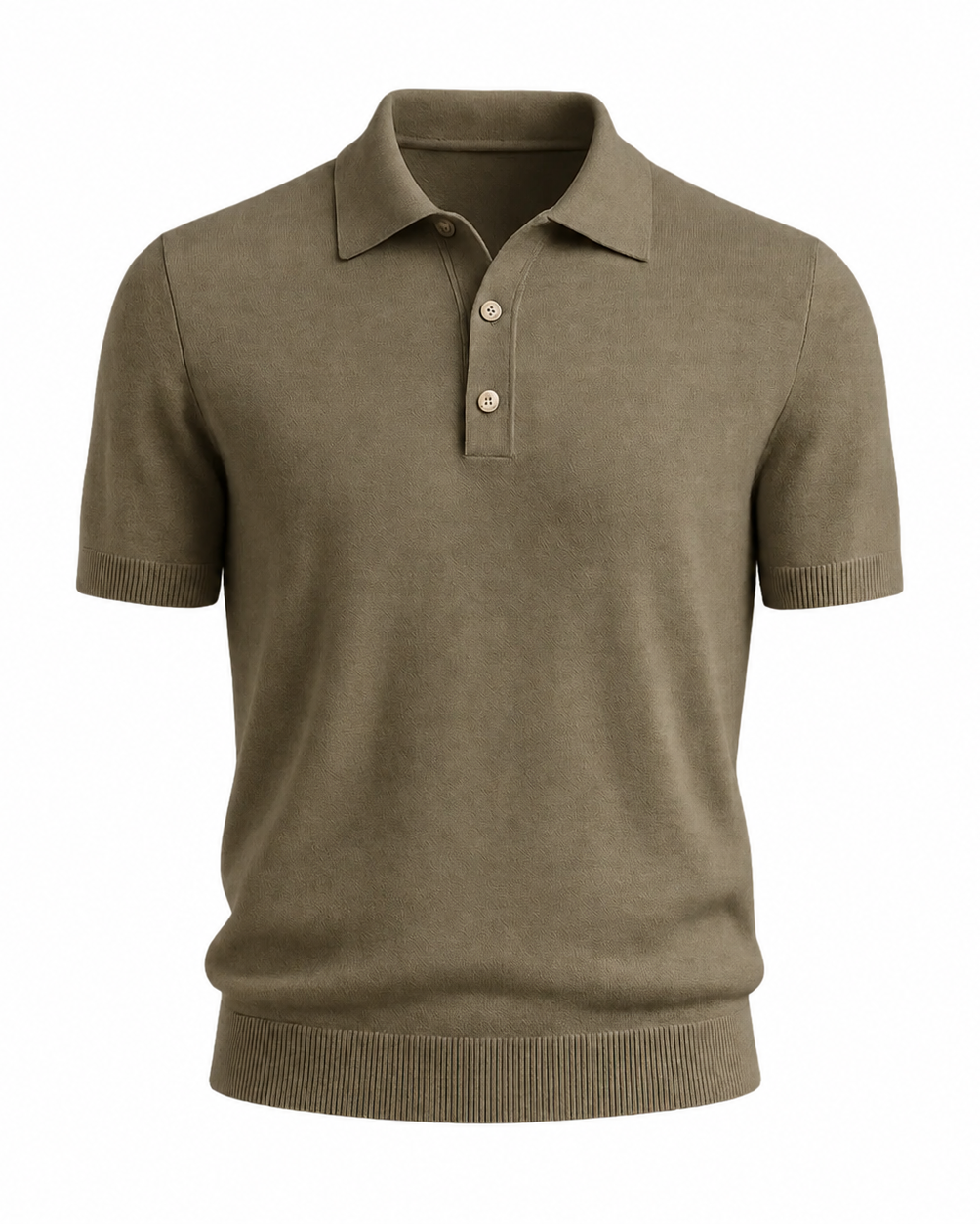 Men’s Loro Piana Featherweight Cashmere Polo in a muted olive tone, featuring short sleeves, a three-button placket, and a finely knit lightweight cashmere fabric for sophisticated leisurewear.