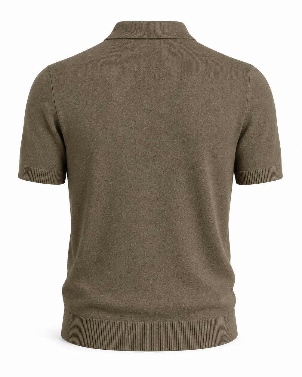 Men’s Loro Piana Featherweight Cashmere Polo in a muted olive shade, shown from the back with short sleeves, ribbed hems, and a finely knit lightweight cashmere fabric for elegant leisurewear.