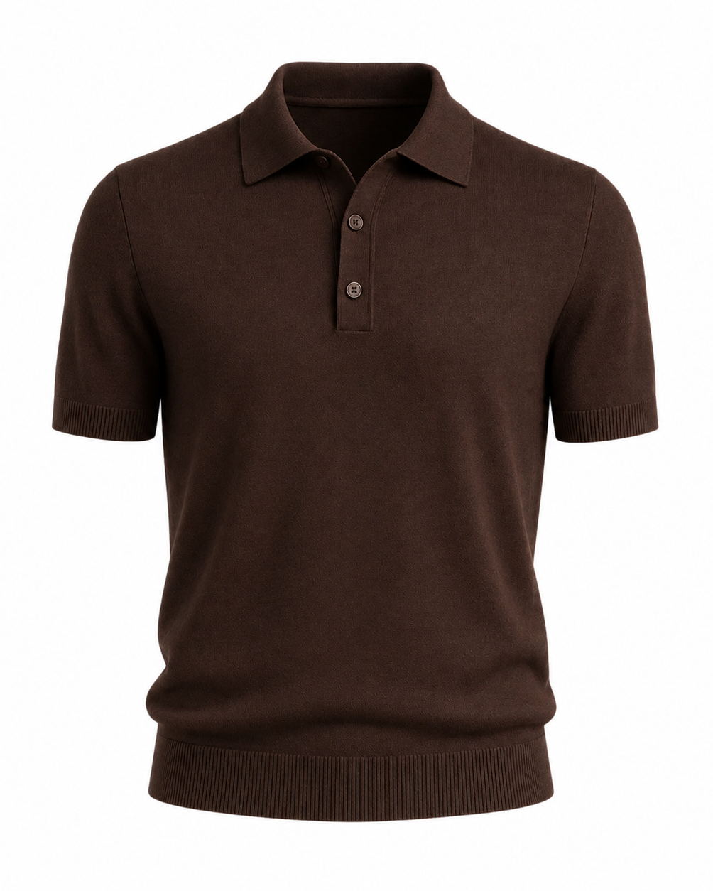 Men’s Loro Piana Featherweight Cashmere Polo in a rich chocolate brown, featuring a classic collar, two-button placket, short sleeves, and finely ribbed trims for refined leisure dressing.