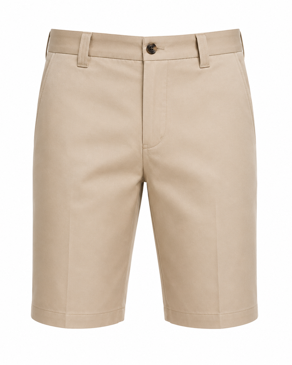 Men’s Loro Piana Tailored Bermuda Shorts in a classic beige tone, featuring a flat front design, belt loops, side pockets, and a button closure for polished summer tailoring.