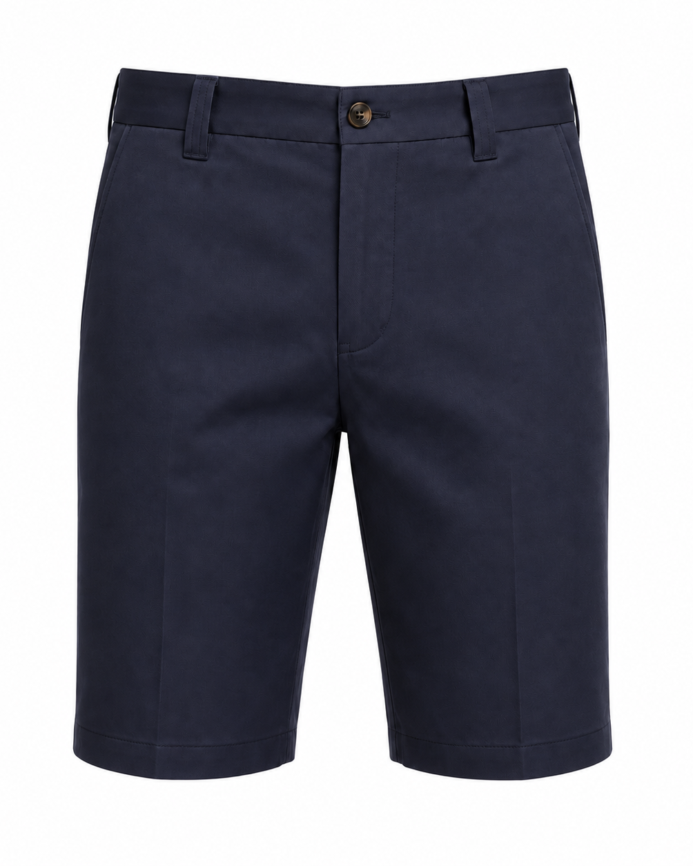 Men’s Loro Piana Tailored Bermuda Shorts in deep navy, featuring a clean flat front, belt loops, side pockets, and button closure for elegant summer leisurewear.