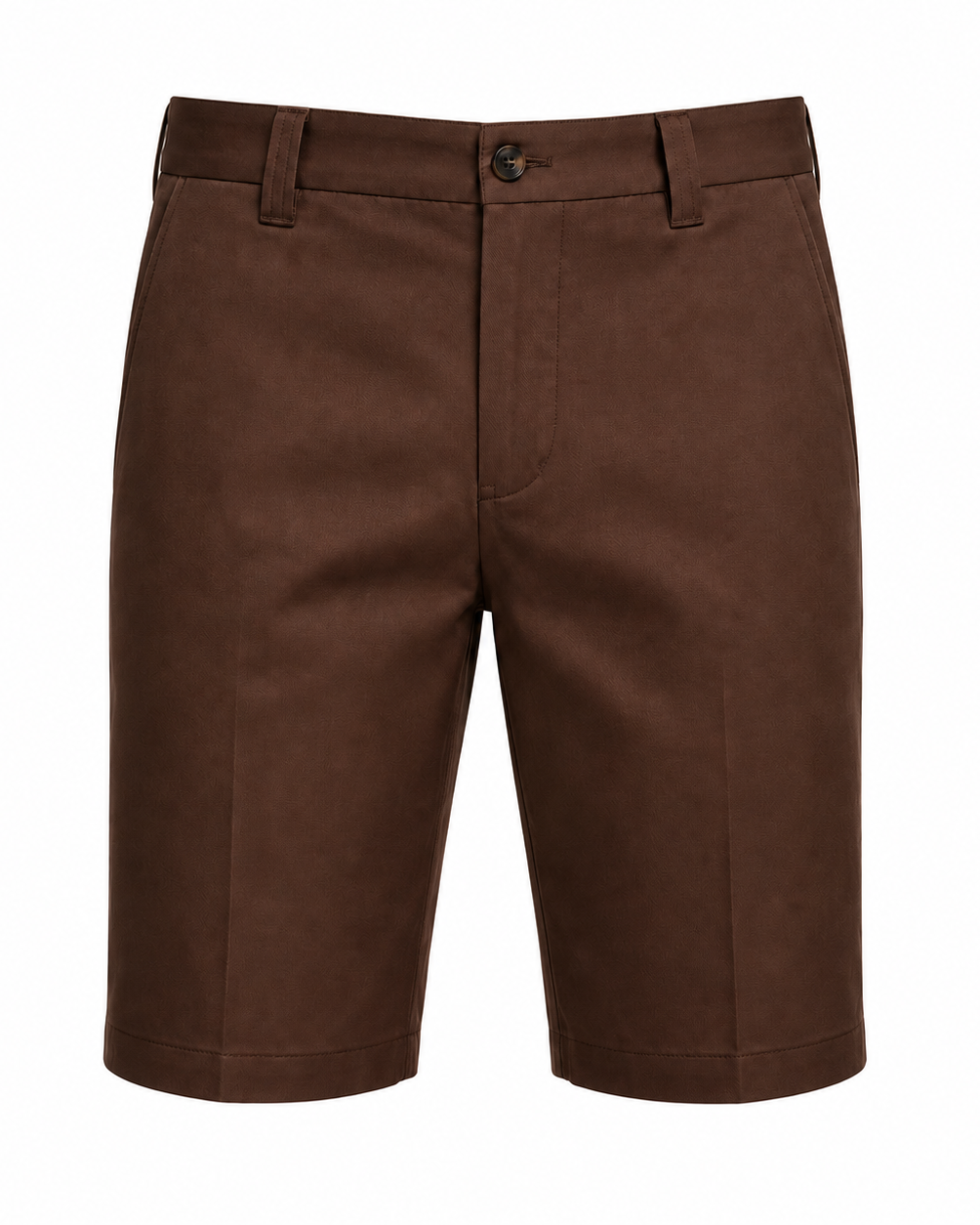 Men’s Loro Piana Tailored Bermuda Shorts in a rich chocolate brown, featuring a flat front, belt loops, side pockets, and a button closure for refined summer leisurewear.