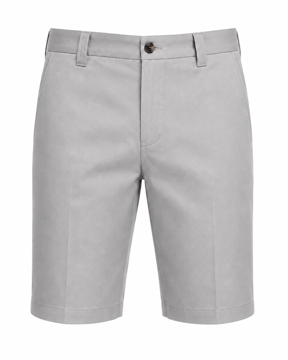 Men’s Loro Piana Tailored Bermuda Shorts in a light gray tone, featuring a flat front, belt loops, side pockets, and a button closure for sophisticated summer leisurewear.