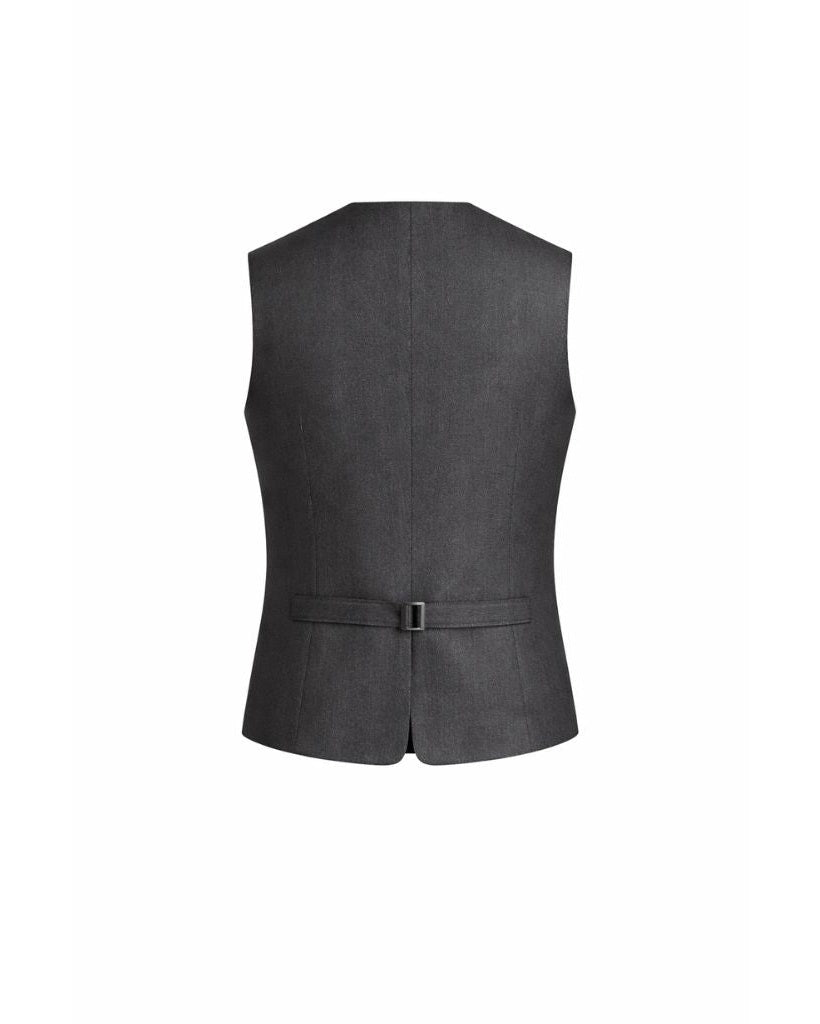 Back view of Charcoal Men's Classic Cut Vest featuring a smooth fabric with a slim adjustable waist strap and a clean, tailored silhouette for sharp formalwear layering.