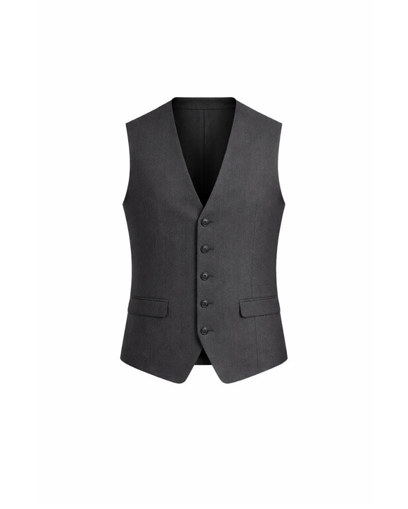 Charcoal Men's Classic Cut Vest with a sleek V-neck, five-button front, and tailored fit, designed in smooth dark grey fabric for refined men's suiting essentials.