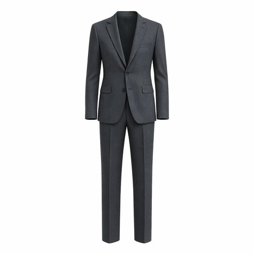 Charcoal Grey Men's Two-Piece Classics Cut Suit displayed front-facing, featuring a tailored jacket with notch lapels, two-button closure, flap pockets, and matching slim-fit trousers for a sleek formal look.