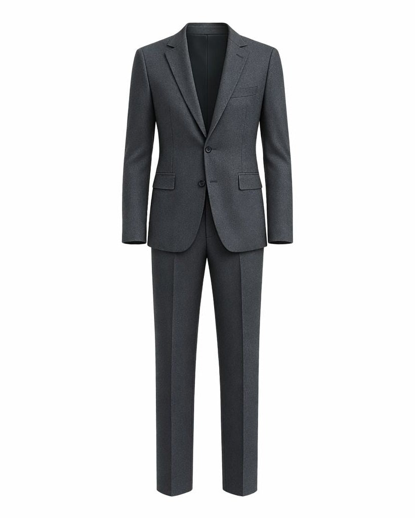 Charcoal Grey Men's Two-Piece Classics Cut Suit displayed front-facing, featuring a tailored jacket with notch lapels, two-button closure, flap pockets, and matching slim-fit trousers for a sleek formal look.