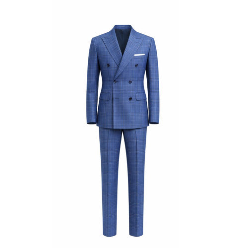 Front view of Blue Plaid Double-Breasted Men's Two-Piece Classics Cut Suit featuring tailored jacket with peak lapels, six-button closure, flap pockets, and matching slim-fit trousers in a refined pattern.
