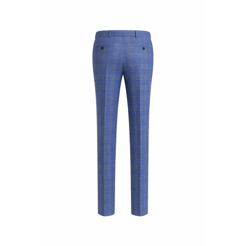 Rear view of Blue Plaid Men's Classic cut Trousers showcasing a slim silhouette with subtle plaid pattern, featuring belt loops and buttoned back pockets for a refined look.