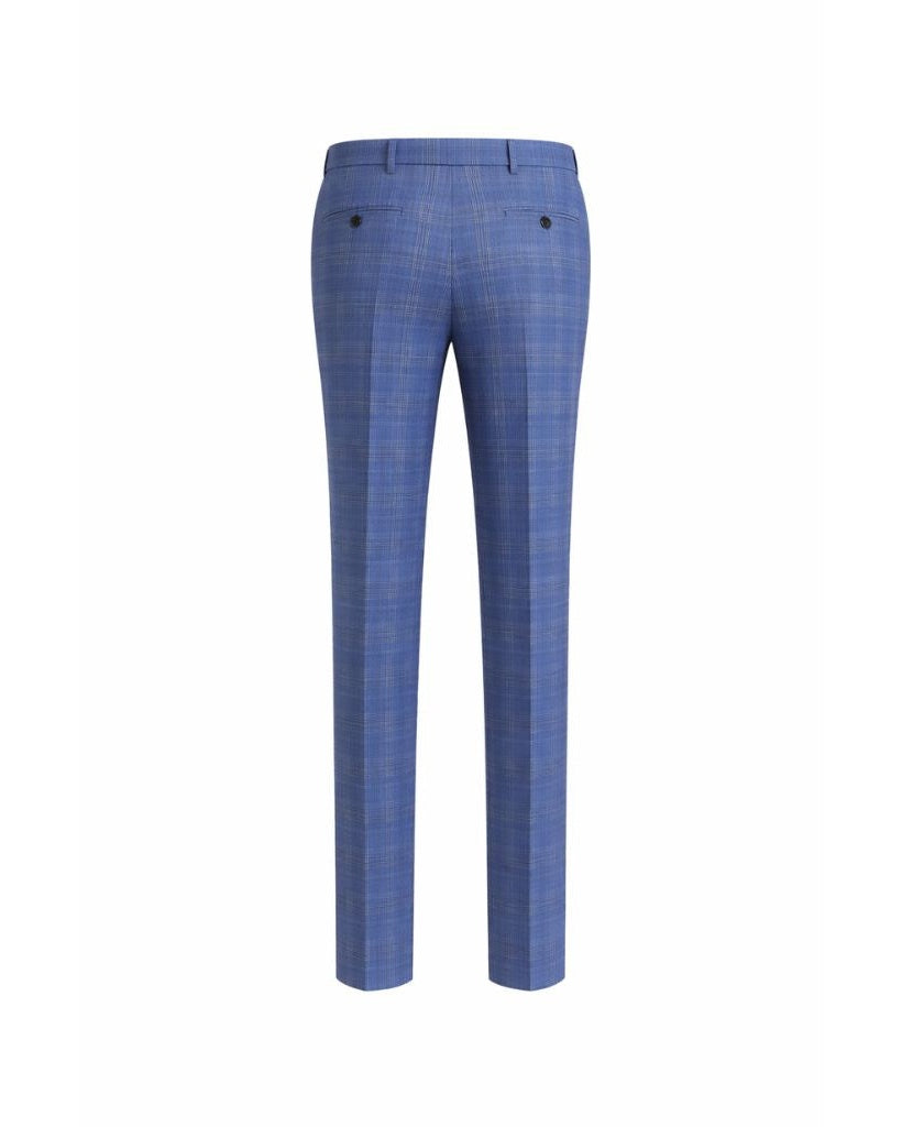 Rear view of Blue Plaid Men's Classic cut Trousers showcasing a slim silhouette with subtle plaid pattern, featuring belt loops and buttoned back pockets for a refined look.