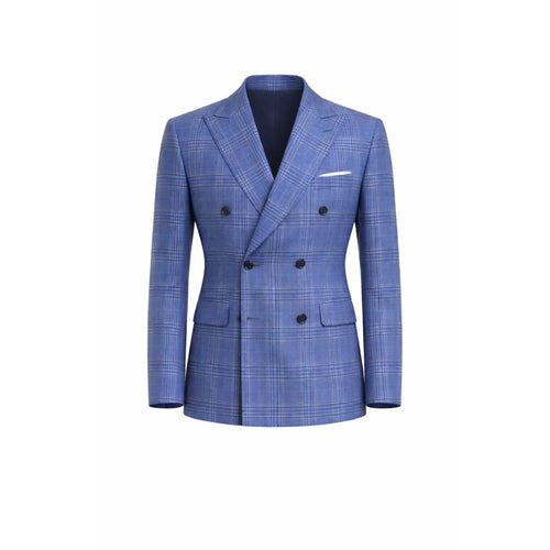 Blue Plaid Men's Classic Cut Jacket with a double-breasted design, featuring a refined plaid pattern in shades of blue, notch lapels, and flap pockets for elegant tailoring.